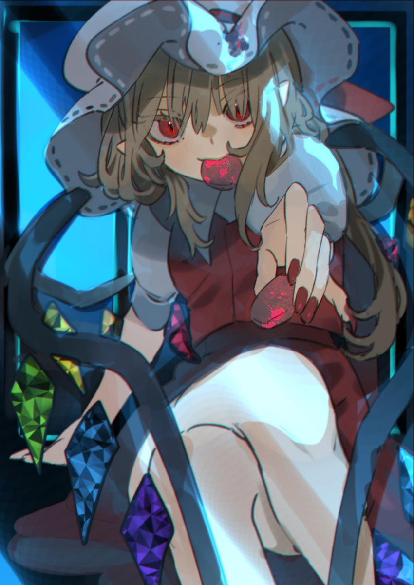 1girl absurdres ambiguous_red_liquid arm_support bangs blonde_hair blue_background commentary_request crossed_legs crystal dark eyebrows_visible_through_hair feet_out_of_frame fingernails flandre_scarlet giving hair_over_eyes hat hat_ribbon highres incoming_food long_bangs long_fingernails looking_at_viewer medium_hair mob_cap mouth_hold nail_polish one_side_up outstretched_arm pointy_ears puffy_short_sleeves puffy_sleeves rainbow_order red_eyes red_nails red_ribbon red_skirt red_vest ribbon ribbon-trimmed_headwear ribbon_trim shirt short_sleeves sidelocks sitting skirt skirt_set slit_pupils solo splatter takushiima touhou vest white_shirt wings