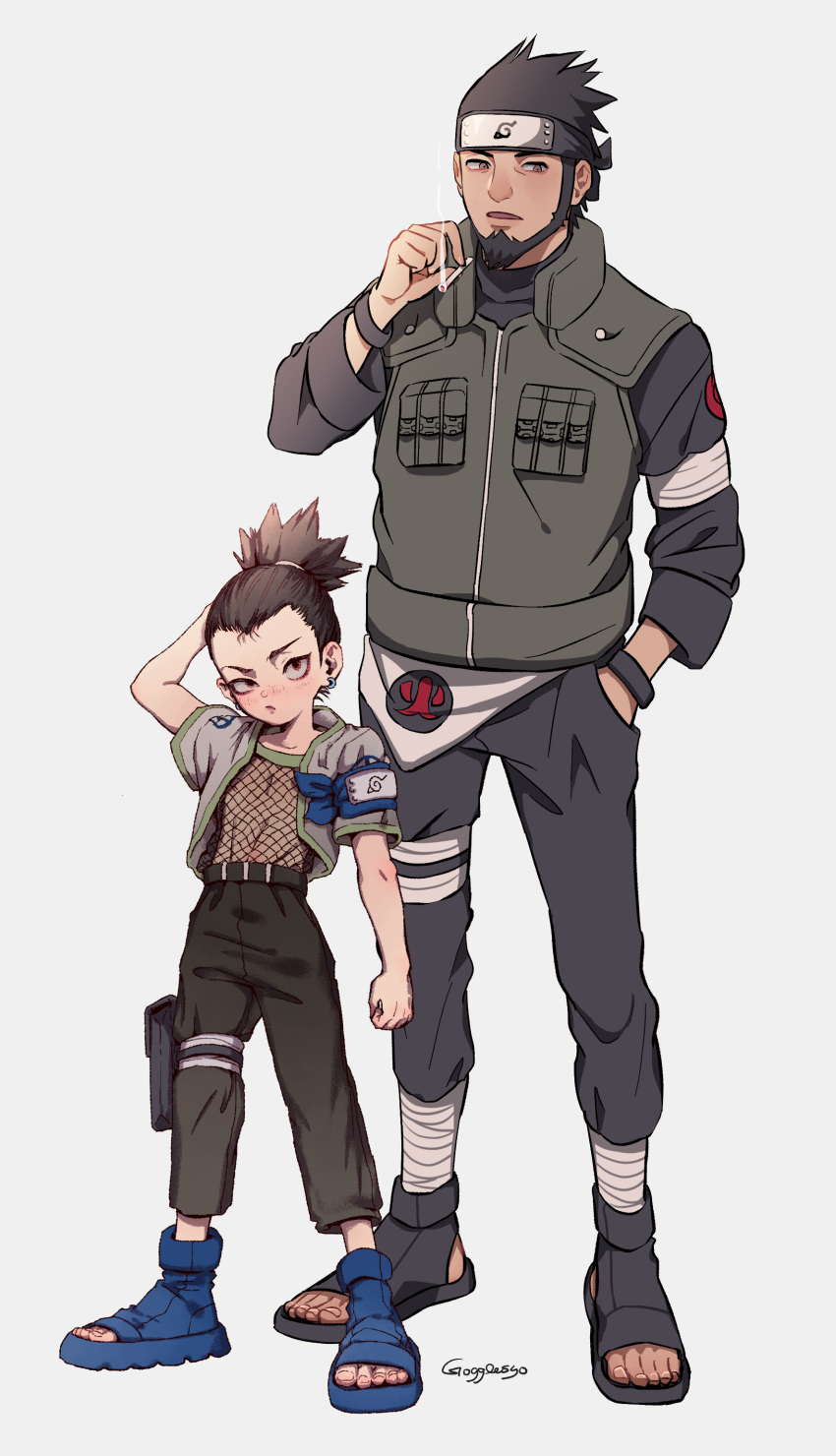 2boys absurdres beard black_hair blush brown_eyes cigarette facial_hair fishnet_top flak_jacket forehead_protector full_body gogglesyo highres jacket konohagakure_symbol looking_at_viewer multiple_boys nara_shikamaru naruto naruto_(series) open_mouth sandals sarutobi_asuma smoking white_background