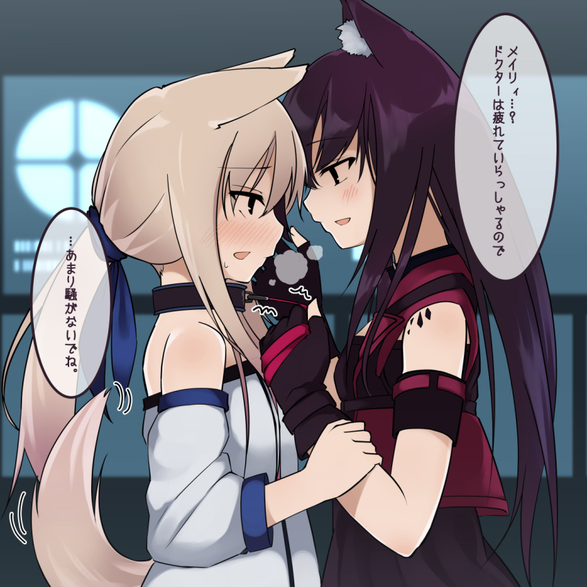 2girls animal_ears arknights blonde_hair blush breasts cardigan_(arknights) cat_ears cat_girl collar commentary_request detached_sleeves dog_ears dog_girl dog_tail fingerless_gloves gloves hand_on_another's_arm hand_on_another's_cheek hand_on_another's_face heavy_breathing holding holding_leash leash leash_pull long_hair melantha_(arknights) multiple_girls open_mouth oripathy_lesion_(arknights) pokio ponytail purple_hair small_breasts tail tail_wagging translation_request very_long_hair yuri
