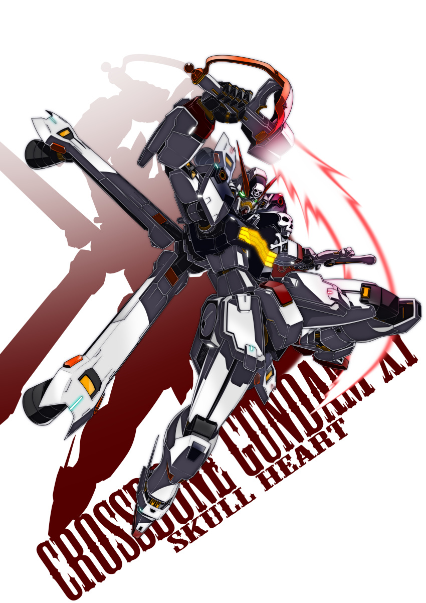 absurdres beam_saber character_name crossbone_gundam crossbone_gundam_x-1 green_eyes gun gundam heyzan highres holding holding_gun holding_sword holding_weapon looking_down mecha no_humans pirate skull_and_crossbones solo sword v-fin weapon