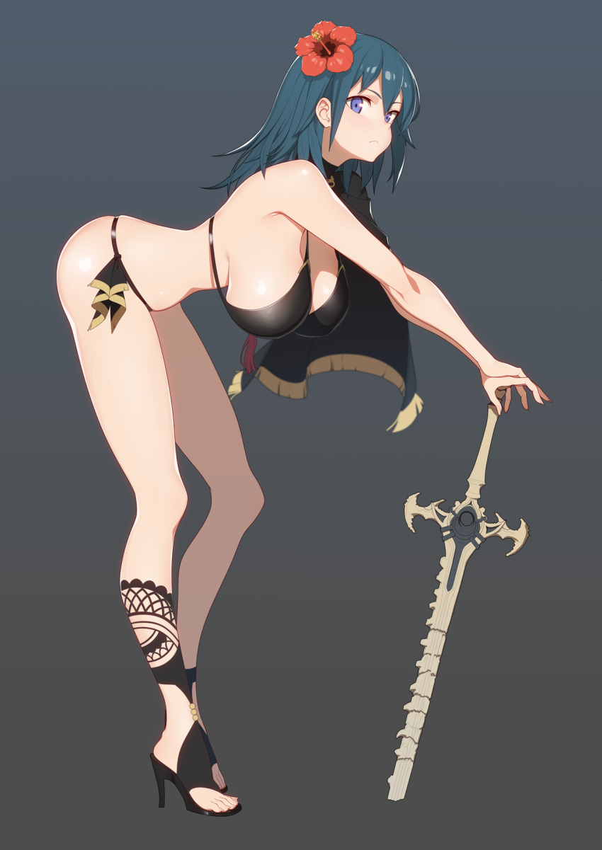 1girl bent_over bikini black_bikini blue_hair blush breasts byleth_(fire_emblem) byleth_eisner_(female) fire_emblem fire_emblem:_three_houses full_body hanging_breasts high_heels highres large_breasts looking_at_viewer medium_hair neonveov shiny shiny_hair shiny_skin simple_background solo standing swimsuit sword violet_eyes weapon
