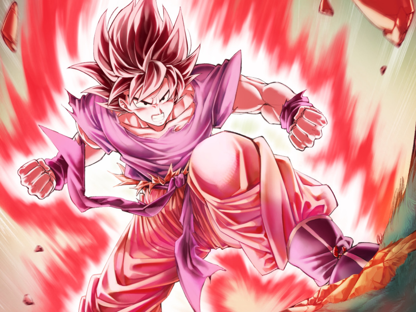 1boy aura boots bracelet clenched_teeth dragon_ball dragon_ball_z fighting_stance floating_hair highres jewelry kaiouken male_focus mattari_illust muscle rock serious son_gokuu spiky_hair teeth torn_clothes