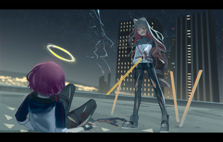 2girls animal_ears arknights black_gloves black_legwear blood building cat_ears cityscape eflilies english_commentary exusiai_(arknights) fingerless_gloves gloves grey_hair halo highres jacket letterboxed long_sleeves looking_at_another multicolored_hair multiple_girls night night_sky outdoors pantyhose pointing_sword purple_hair redhead rooftop scratches shoes short_hair short_sleeves sky skyscraper sneakers star_(sky) starry_sky sword texas_(arknights) torn_clothes torn_legwear two-tone_hair weapon