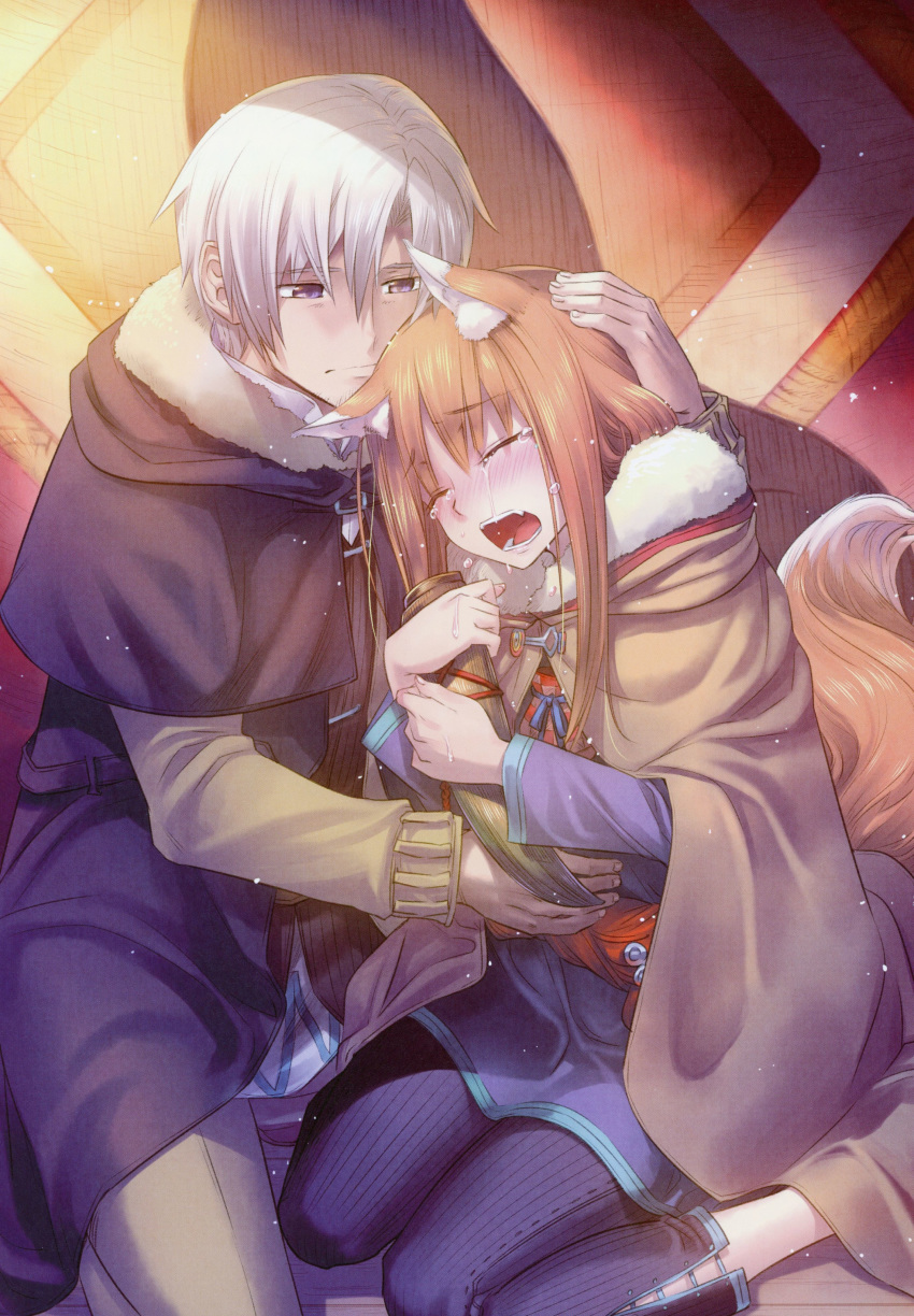 1boy 1girl absurdres animal_ears blush brown_coat brown_hair coat couple craft_lawrence crying eyebrows_visible_through_hair fur-trimmed_coat fur_trim hetero highres holo hood hood_down koume_keito long_hair long_sleeves official_art open_mouth page_number pants purple_shirt scan shiny shiny_hair shirt silver_hair spice_and_wolf straight_hair tail tears wolf_ears wolf_tail
