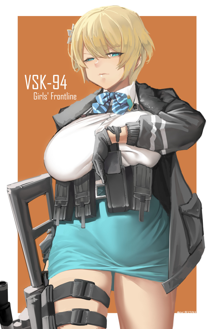 1girl absurdres belt black_jacket blue_belt bouncing_breasts bow bowtie breasts bursting_breasts button_gap girls_frontline gloves gun highres holding holding_gun holding_magazine_(weapon) holding_weapon holster huge_breasts inconvenient_breasts jacket magazine_(weapon) pouch rifle scope shirt_tucked_in snap-fit_buckle sniper_rifle taut_skirt thigh_holster thigh_pouch vsk-94 vsk-94_(girls_frontline) weapon zuoteng_lucha