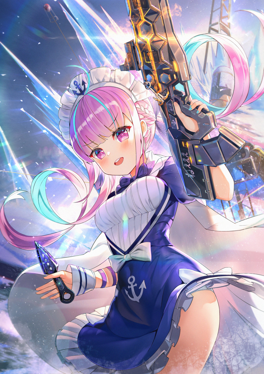 1girl :d absurdres ahoge anchor anchor_symbol apex_legends bangs blue_bow blue_dress blue_hair blue_ribbon blush bow braid breasts colored_inner_hair commentary dress dress_lift english_commentary eyebrows_visible_through_hair frilled_dress frills gun hair_ribbon highres holding holding_gun holding_weapon hololive huge_filesize janyhero kunai long_hair looking_at_viewer maid_headdress medium_breasts minato_aqua multicolored_hair open_mouth panties pink_hair puffy_short_sleeves puffy_sleeves ribbon round_teeth short_sleeves smile solo teeth twintails two-tone_hair underwear upper_teeth v-shaped_eyebrows very_long_hair violet_eyes virtual_youtuber weapon white_bow white_panties wind wind_lift