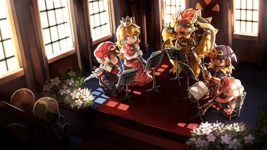 1girl blonde_hair blue_eyes bowser character_request crown dress earrings elbow_gloves flower flute geno_(mario) gloves haren highres instrument jewelry long_hair mario super_mario_bros. pink_dress princess_peach sphere_earrings super_mario_rpg toad white_flower