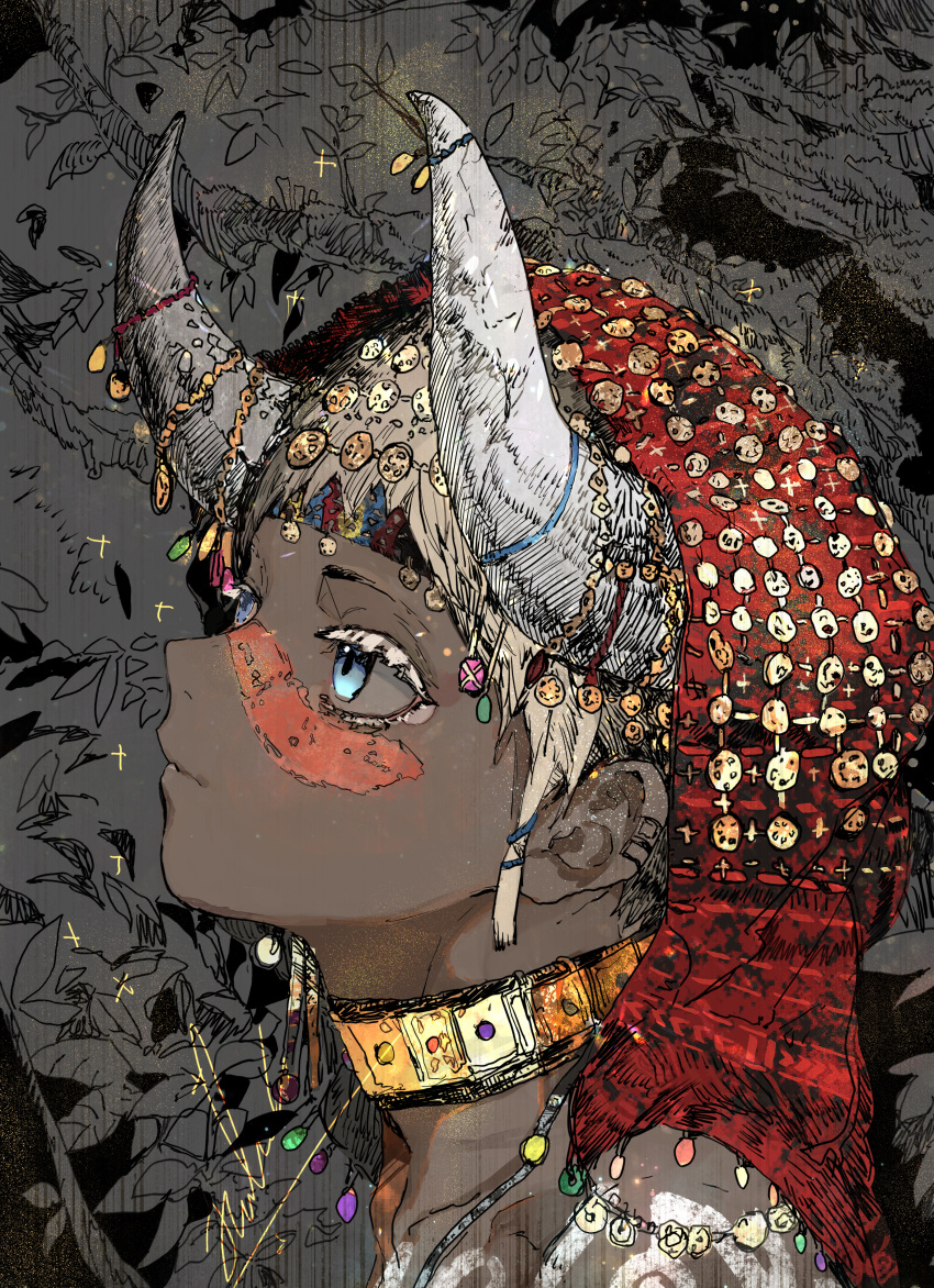 1other absurdres androgynous bare_shoulders blonde_hair blue_eyes bodypaint choker closed_mouth collarbone dark_skin ear_clip face facepaint from_side head_scarf highres hiranko horn_ornament horns huge_filesize jewelry looking_up original platinum_blonde_hair profile short_hair signature