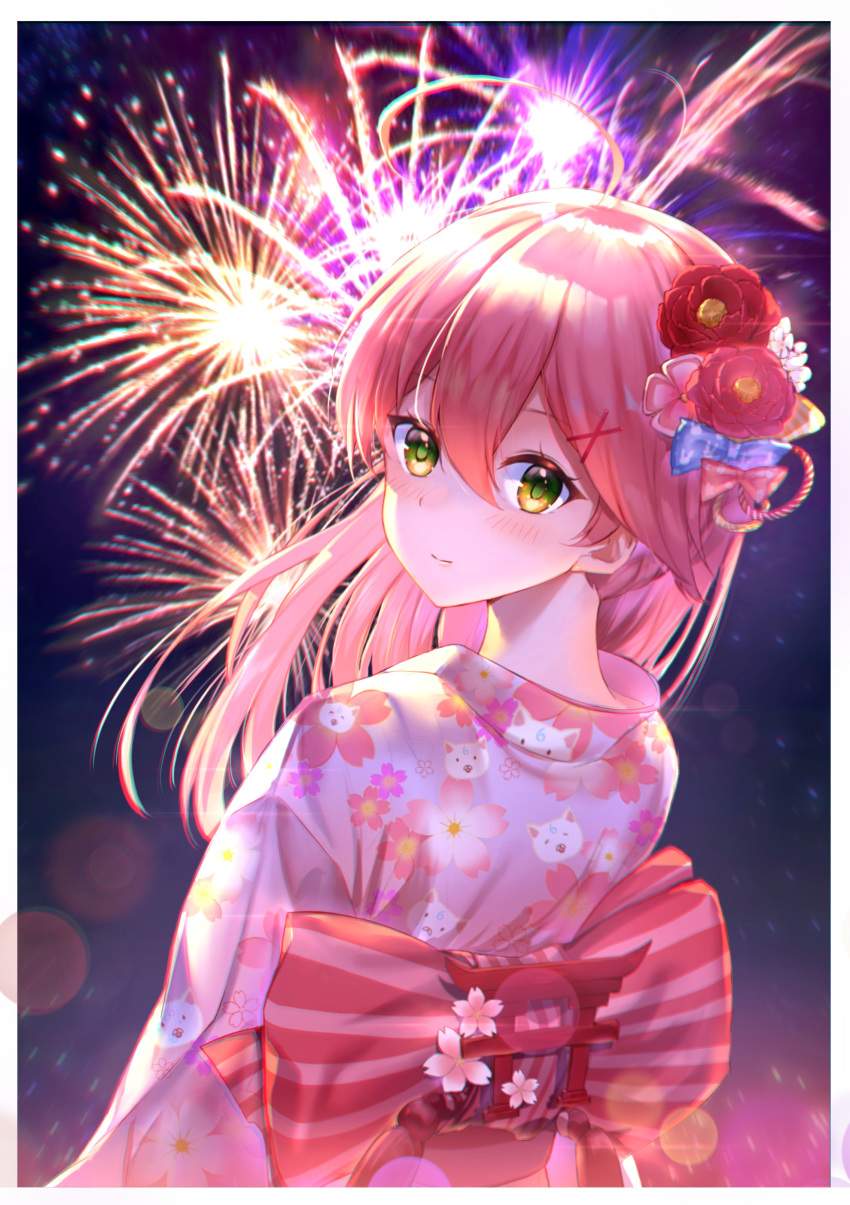 1girl absurdres ahoge alternate_hairstyle animal_print bangs blue_bow blush bow cat_print cherry_blossom_print cherry_blossoms fireworks floral_print flower from_behind green_eyes hair_between_eyes hair_bow hair_flower hair_ornament highres hololive japanese_clothes kimono kintoki_(miko_channel) lens_flare lims_(neko2lims) long_hair looking_at_viewer looking_back night obi pink_bow pink_flower pink_hair pink_kimono red_flower sakura_miko sash solo striped striped_bow torii upper_body virtual_youtuber x_hair_ornament yukata