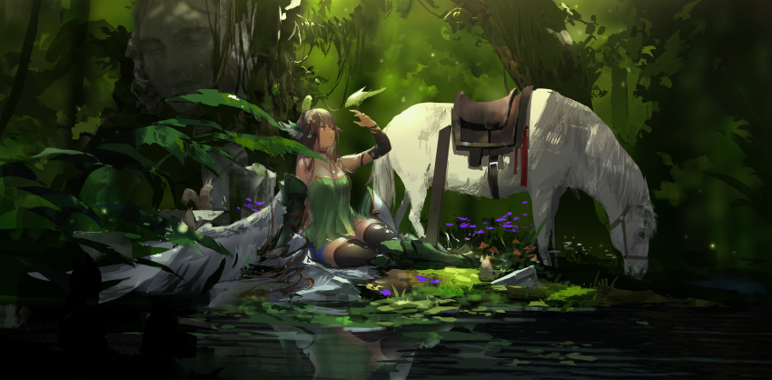 1girl arm_up bird black_legwear brown_hair choker detached_sleeves dress gauntlets greaves green_dress hairband highres horse long_hair outdoors scenery short_dress single_gauntlet sitting solo squirrel strapless strapless_dress swd3e2 thigh-highs venus_blood very_long_hair violet_eyes wings yokozuwari