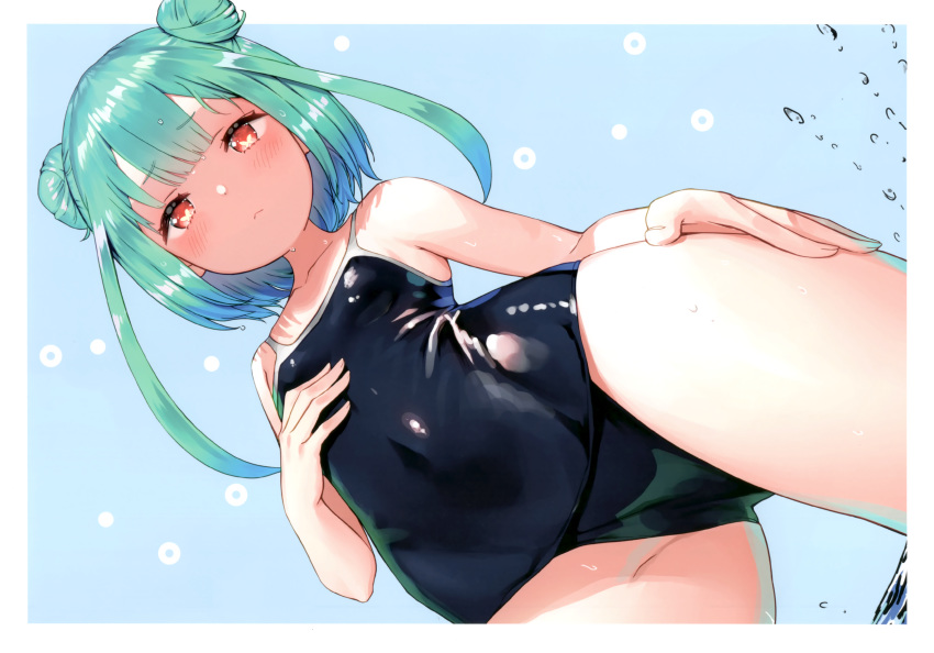 1girl :&lt; absurdres aqua_background bangs bare_shoulders blue_swimsuit blush breasts collarbone covered_navel cowboy_shot double_bun dutch_angle eyebrows_visible_through_hair flat_chest from_below green_hair hair_ornament hand_on_own_chest hand_on_own_thigh hand_up heart heart-shaped_pupils highres hololive looking_at_viewer one-piece_swimsuit red_eyes scan school_swimsuit simple_background small_breasts solo swimsuit symbol-shaped_pupils thighs uruha_rushia virtual_youtuber water water_drop wet yasuyuki