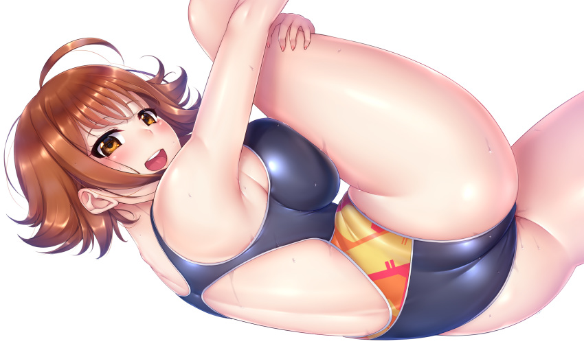 1girl :d ahoge armpits ass back back_cutout bangs bare_shoulders blush breast_press breasts brown_eyes brown_hair commentary_request competition_swimsuit from_side gacchu highres idolmaster idolmaster_cinderella_girls large_breasts leg_hug looking_at_viewer looking_to_the_side nishijima_kai one-piece_swimsuit open_mouth round_teeth short_hair sideboob simple_background smile solo swimsuit teeth thighs white_background
