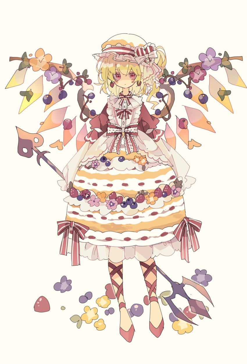 1girl alternate_costume alternate_weapon ankle_lace-up blueberry blush cake_print commentary cross-laced_footwear earrings flandre_scarlet flower food food_themed_clothes food_themed_earrings frills fruit full_body hat highres jewelry laevatein looking_at_viewer nikorashi-ka polearm red_eyes ribbon shaded_face side_ponytail simple_background solo strawberry_earrings symbol_commentary touhou trident weapon white_background wings