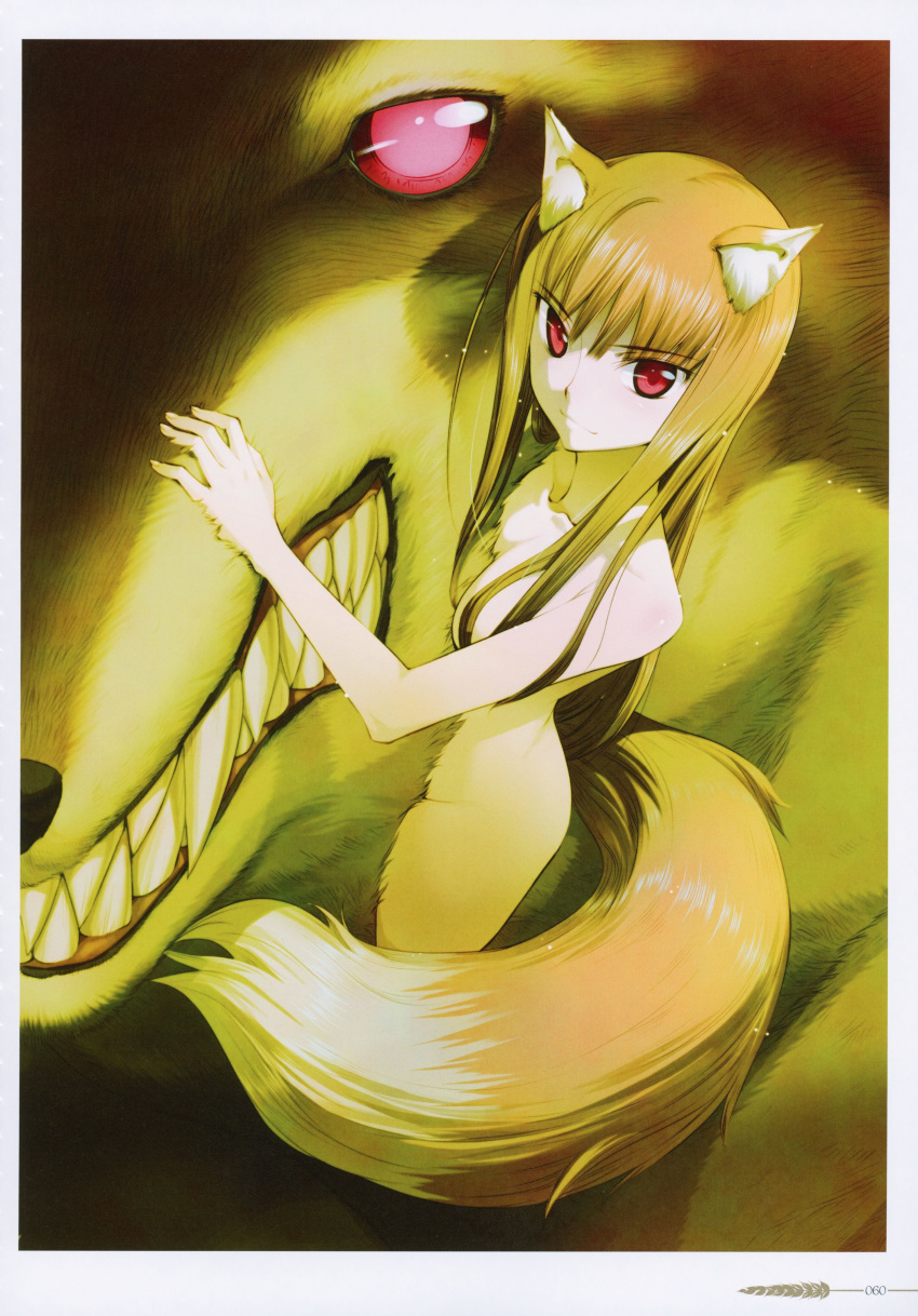 1girl absurdres animal_ears bangs breast_press breasts brown_hair closed_mouth collarbone eyebrows_visible_through_hair hair_between_eyes highres holo koume_keito long_hair nude official_art page_number red_eyes scan shiny shiny_hair shiny_skin small_breasts smile spice_and_wolf straight_hair tail very_long_hair wolf wolf_ears wolf_tail