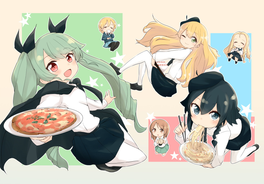 6+girls :d :t ;) anchovy_(girls_und_panzer) anglerfish anzio_school_uniform bangs baozi barashiya bc_freedom_school_uniform beret black_cape black_dress black_eyes black_footwear black_hair black_headwear black_legwear black_neckwear black_skirt blonde_hair blouse blue_skirt blue_sweater braid brown_eyes brown_hair cake cape carpaccio_(girls_und_panzer) chibi chopsticks closed_eyes closed_mouth commentary cup darjeeling_(girls_und_panzer) dress dress_shirt drill_hair drinking eating eyebrows_visible_through_hair floating food gimp_(medium) girls_und_panzer green_eyes green_hair green_skirt hat highres holding holding_chopsticks holding_cup holding_plate holding_saucer holding_tray loafers long_hair long_sleeves looking_at_viewer marie_(girls_und_panzer) miniskirt multicolored multicolored_background multiple_girls neckerchief necktie nishizumi_miho one_eye_closed ooarai_school_uniform open_mouth pantyhose pasta pepperoni_(girls_und_panzer) pinafore_dress pizza plate pleated_skirt red_eyes sailor_collar saucer school_uniform shirt shoes short_dress short_hair side_braid skirt smile st._gloriana's_school_uniform star_(symbol) stitched sweater teacup third-party_edit tied_hair tray twin_braids twin_drills twintails white_blouse white_legwear white_sailor_collar white_shirt wing_collar