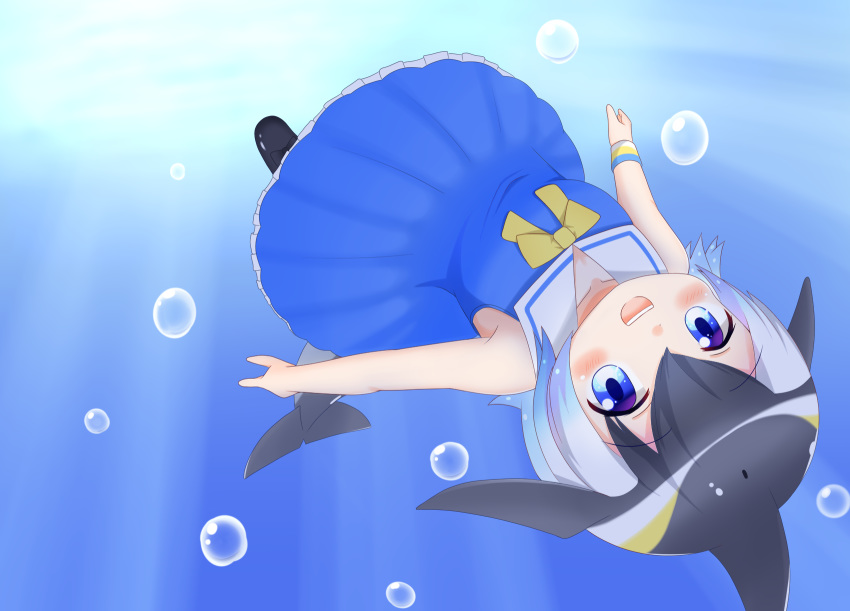 1girl :d air_bubble bare_arms bare_shoulders black_footwear black_hair blue_dress blue_eyes blush bow bubble collarbone commentary_request common_dolphin_(kemono_friends) day dolphin_tail dress frilled_dress frills highres kemono_friends looking_at_viewer multicolored_hair open_mouth outdoors sailor_collar sailor_dress shin01571 shoes silver_hair sleeveless sleeveless_dress smile solo two-tone_hair underwater upper_teeth upside-down water white_sailor_collar yellow_bow