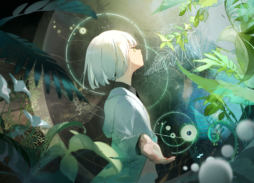 1other androgynous bangs black_shirt blunt_bangs brown_eyes collared_shirt dhiea flower from_side green_theme jacket leaf nature original plant profile shirt short_hair solo upper_body white_flower white_hair white_jacket