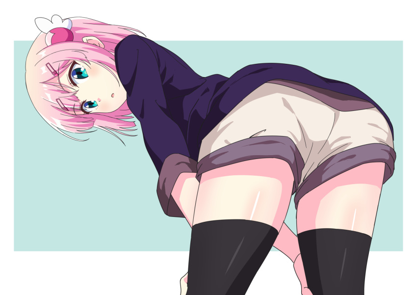 1girl ass bangs black_legwear blue_background brown_shorts chiyoda_momo commentary_request dbmaster eyebrows_visible_through_hair green_eyes hair_ornament hairclip hands_on_own_thighs hands_on_thighs highres long_sleeves looking_at_viewer looking_back machikado_mazoku parted_lips pink_hair purple_shirt shirt short_shorts shorts solo standing thigh-highs two-tone_background white_background