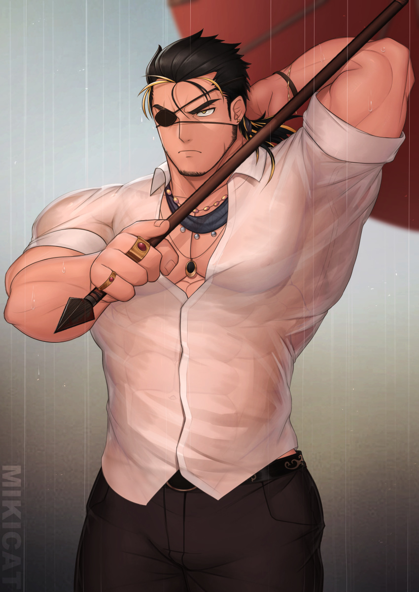 1boy absurdres bara black_hair blonde_hair chest eyepatch facial_hair highres huge_filesize jewelry male_focus manly miqi_(nnaf3344) multicolored_hair muscle original pants pectorals rain see-through shirt solo streaked_hair thick_thighs thighs umbrella water_drop wet yellow_eyes
