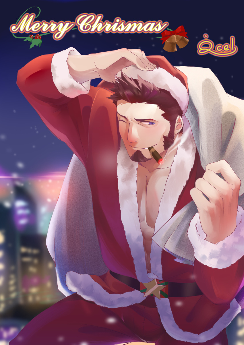 1boy absurdres alternate_costume blue_eyes brown_hair chest christmas cigar facial_hair fate/grand_order fate_(series) goatee hat highres icelernd long_sleeves male_focus merry_christmas muscle napoleon_bonaparte_(fate/grand_order) pectorals santa_costume santa_hat sideburns smile smoking solo unbuttoned