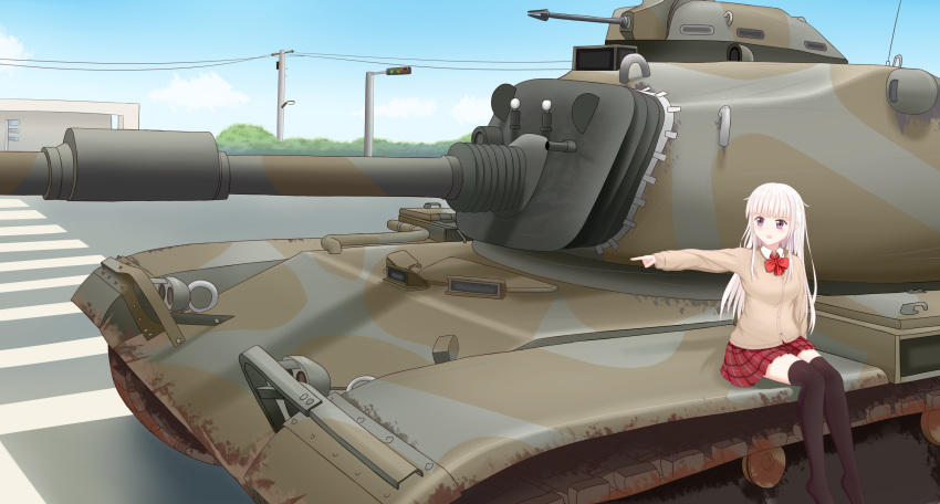 1girl artist_request breasts cardigan caterpillar_tracks clouds commentary_request day ground_vehicle highres long_hair m60_main_battle_tank military military_vehicle motor_vehicle open_mouth original pointing road road_sign school_uniform sign skirt sky tank thigh-highs traffic_light tree violet_eyes white_hair zettai_ryouiki