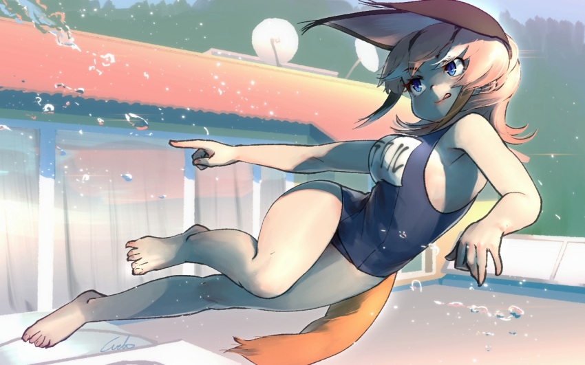 1girl :q animal_ears bare_arms bare_legs bare_shoulders barefoot blue_eyes caracal_(kemono_friends) caracal_ears caracal_tail commentary_request extra_ears eyebrows_visible_through_hair kemono_friends looking_away medium_hair name_tag one-piece_swimsuit pink_hair school_swimsuit signature solo swimsuit tail tongue tongue_out welt_(kinsei_koutenkyoku)
