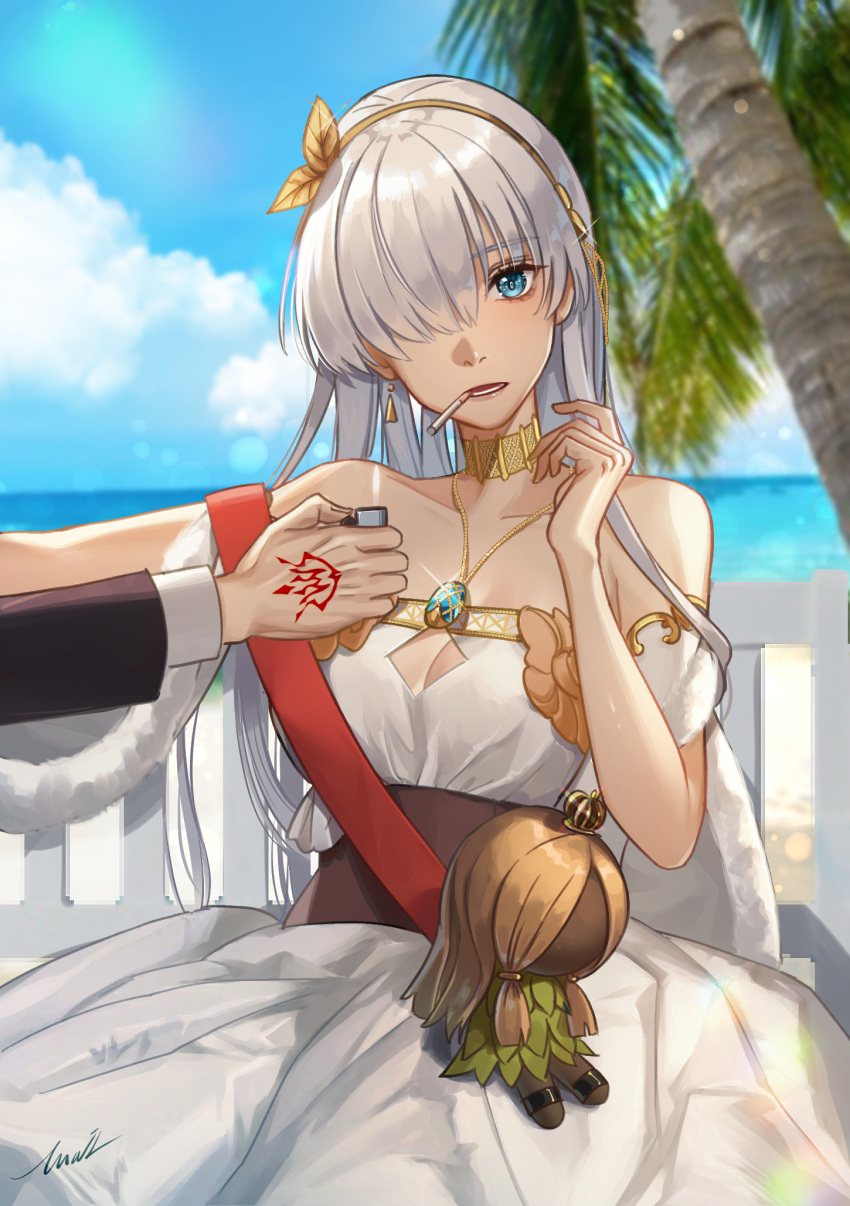 1girl anastasia_(fate/grand_order) avril214 bangs bare_shoulders blue_eyes choker cigarette cleavage_cutout crown doll fate/grand_order fate_(series) hair_over_one_eye hairband highres jewelry lighter lips long_hair looking_at_viewer mini_crown mouth_hold necklace ocean open_mouth palm_tree silver_hair sitting tattoo tree upper_body