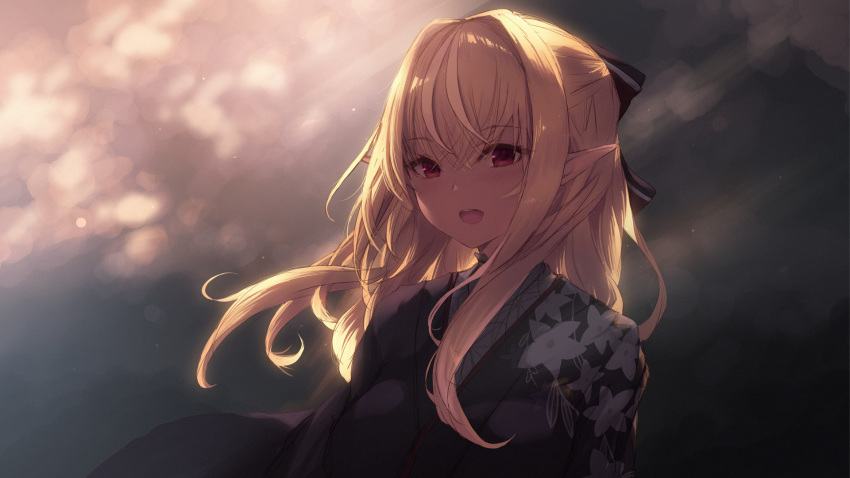 1girl :d bangs black_kimono blonde_hair blurry blurry_background blush bow cait commentary_request depth_of_field eyebrows_visible_through_hair floral_print hair_between_eyes hair_bow hair_intakes highres hololive japanese_clothes kimono long_hair looking_at_viewer open_mouth pointy_ears print_kimono red_bow red_eyes shiranui_flare smile solo upper_body upper_teeth virtual_youtuber