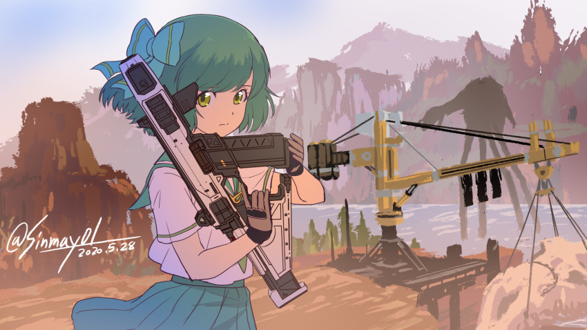 assault_rifle bangs blouse blue_bow blue_sky blurry blurry_background bow character_request closed_mouth commentary_request copyright_request crane_(machine) dated day depth_of_field gloves green_eyes green_hair green_neckwear green_sailor_collar green_skirt grey_gloves gun hair_bow highres holding holding_gun holding_weapon light_frown miniskirt mountain neckerchief outdoors pleated_skirt rifle sailor_collar school_uniform serafuku shinmai_(kyata) short_hair short_sleeves skirt sky swept_bangs trigger_discipline twitter_username weapon white_blouse