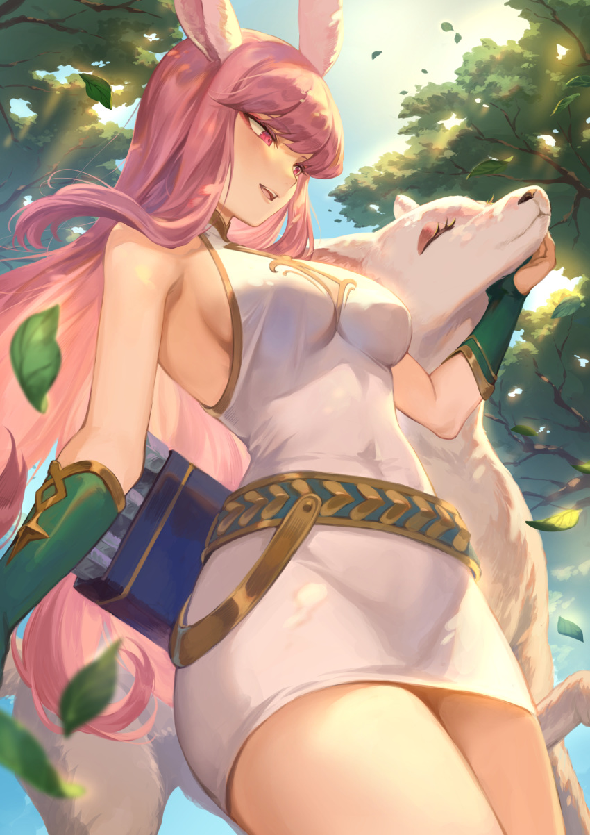 1girl afk_arena animal animal_ears arrow_(projectile) bangs bare_shoulders belt breasts commentary_request day dog dress eyebrows_visible_through_hair forest gloves green_gloves highres leaf lips long_hair lyca_(afk_arena) mashuu_(neko_no_oyashiro) medium_breasts nature open_mouth outdoors pink_hair quiver short_dress simple_background sleeveless smile sunlight violet_eyes