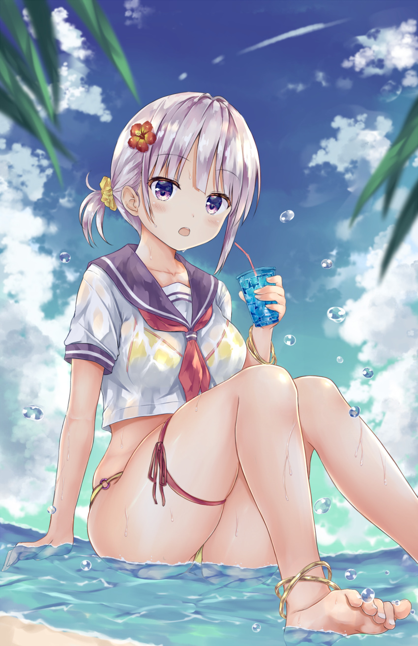 1girl anklet bangs barefoot bendy_straw bikini bikini_under_clothes blue_sky blush breasts clouds commentary_request cup day disposable_cup drinking_straw eyebrows_visible_through_hair flower hair_flower hair_ornament hair_scrunchie highres holding holding_cup ice ice_cube jewelry knees_up looking_at_viewer medium_breasts mizumidori neckerchief o-ring o-ring_bikini o-ring_bottom open_mouth original outdoors ponytail red_flower red_neckwear school_uniform scrunchie see-through serafuku shallow_water shirt short_sleeves silver_hair sitting skindentation sky solo swimsuit upper_teeth violet_eyes water water_drop wet wet_clothes wet_shirt white_shirt yellow_bikini yellow_scrunchie