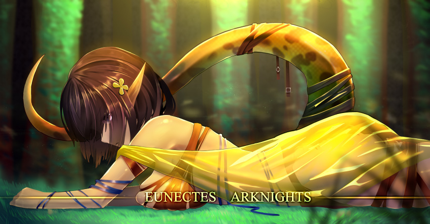 1girl absurdres arknights bandeau bangs bare_arms bare_shoulders bielin black_hair breasts character_name commentary copyright_name cowboy_shot dress eunectes_(arknights) eyebrows_visible_through_hair from_side hair_ornament highres large_breasts looking_at_viewer lying off_shoulder on_stomach pointy_ears profile see-through short_dress short_hair snake_tail solo strapless tail thigh_strap torn_clothes tubetop yellow_dress