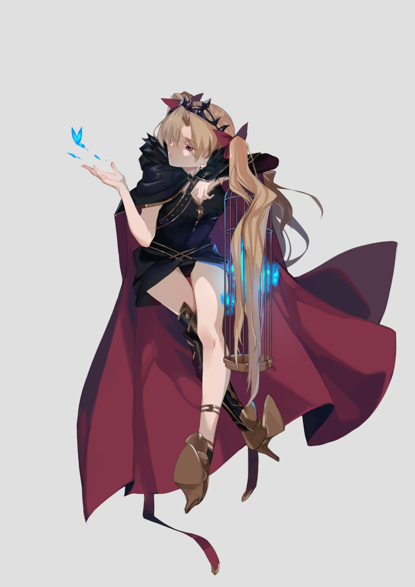 1girl bangs blonde_hair bow breasts bug butterfly cape crossed_legs earrings ereshkigal_(fate/grand_order) eyebrows_visible_through_hair fate/grand_order fate_(series) full_body glowing hair_bow hair_ribbon highres icelernd insect jewelry long_hair parted_bangs red_eyes ribbon solo tiara two_side_up very_long_hair