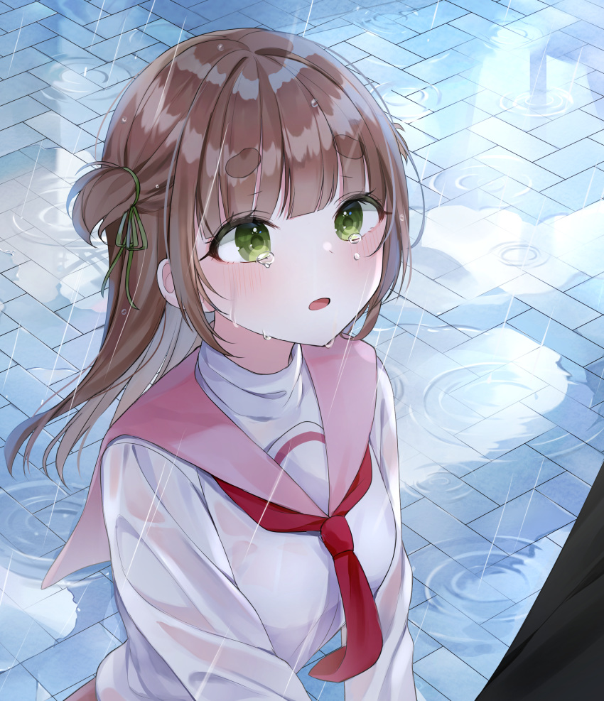 1girl absurdres bangs blush breasts brown_hair furrowed_eyebrows green_eyes highres looking_up medium_breasts medium_hair moka_01 necktie open_mouth rain school_uniform serafuku shirt stone_floor stone_walkway straight_hair tearing_up tears water water_drop wet wet_clothes wet_shirt