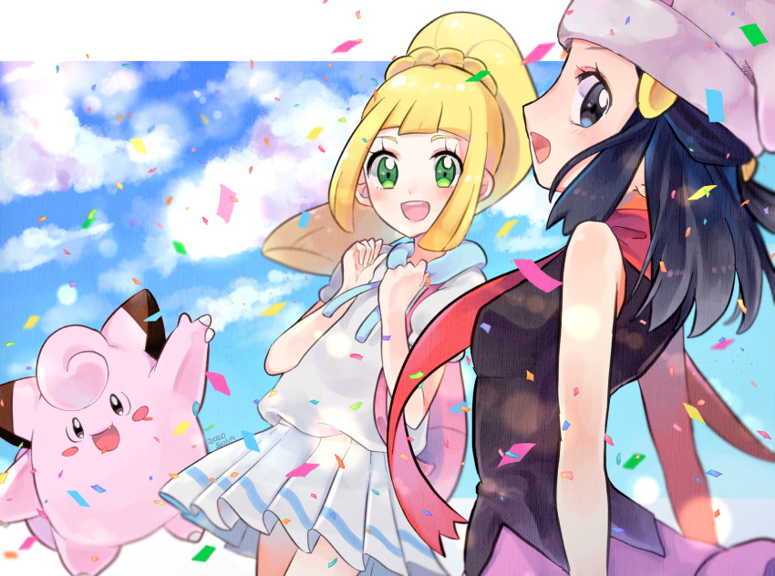 2girls :d backpack bag beanie black_hair blonde_hair blush clefairy clouds commentary_request confetti day eyelashes gen_1_pokemon green_eyes hands_up hat highres hikari_(pokemon) lillie_(pokemon) multiple_girls nago_celica open_mouth pleated_skirt pokemon pokemon_(creature) pokemon_(game) pokemon_dppt pokemon_sm ponytail red_scarf scarf short_sleeves skirt sky smile tongue white_headwear
