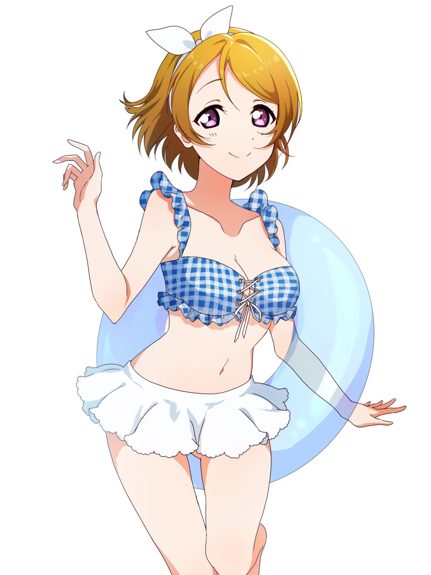 1girl closed_mouth headband highres koizumi_hanayo light_brown_hair looking_at_viewer love_live! love_live!_school_idol_project naarann short_hair simple_background smile solo swimsuit violet_eyes white_background white_headband