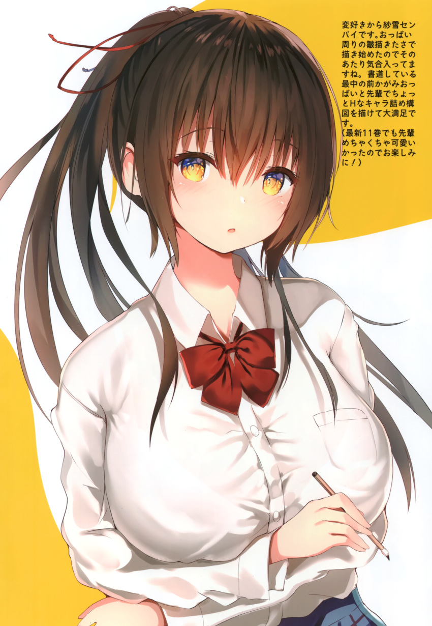 1girl absurdres bangs blush bow breast_pocket breasts brown_eyes brown_hair buttons eyebrows_visible_through_hair highres holding large_breasts long_hair long_sleeves looking_at_viewer open_mouth original paintbrush pocket ponytail red_bow scan shirt simple_background solo sune_(mugendai) tied_hair upper_body white_shirt