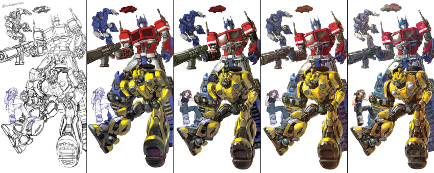 2girls 3boys autobot blue_eyes brown_hair bumblebee bumblebee_(film) car charlie_watson decepticon ground_vehicle gun highres holding holding_gun holding_weapon kim_yura_(goddess_mechanic) lineart looking_at_viewer mecha motor_vehicle multiple_boys multiple_girls open_hand optimus_prime shatter_(transformers) soundwave transformers transformers_(live_action) watermark weapon white_background work_in_progress