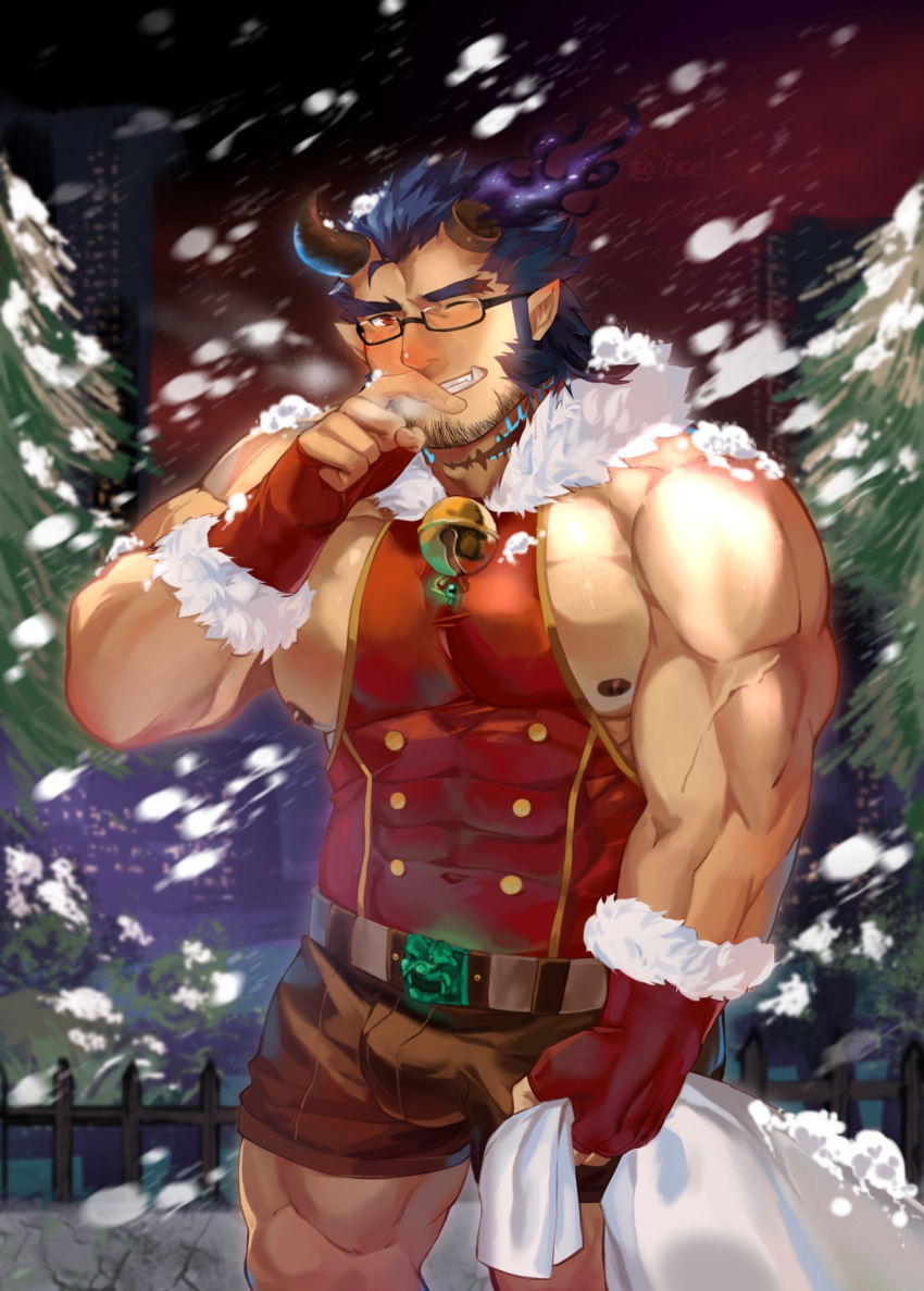 1boy bara blush bulge chest christmas dark_blue_hair facial_hair fang glasses highres horns icelernd jewelry looking_at_viewer male_focus muscle necklace nipple_slip nipples pectorals revealing_clothes scar shorts snowing solo takemaru_(tokyo_houkago_summoners) thick_eyebrows thick_thighs thighs tight_top tokyo_houkago_summoners upper_body