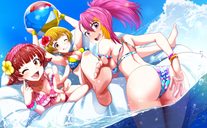 3girls arched_back arm_behind_back arms_up ass ball bangs bare_shoulders barefoot beachball bikini blonde_hair blue_bikini blue_sky blunt_bangs blush breasts closed_mouth clouds day earrings embarrassed eyelashes feet floral_print flower foreshortening from_behind fukuda_noriko hair_flower hair_ornament hairband hibiscus high_ponytail highres holding holding_ball holding_beachball idolmaster idolmaster_million_live! jewelry large_breasts leaning_forward looking_at_viewer looking_back lying maihama_ayumu multicolored_hair multiple_girls necklace nonohara_akane on_side one_eye_closed open_mouth orange_eyes outdoors outstretched_arm pink_bikini pink_hair pointing pointing_at_self raised_eyebrows red_flower redhead run_p_(aveton) scrunchie short_hair sky smile soles sparkle star_(symbol) star_earrings streaked_hair swimsuit thighs upper_teeth v violet_eyes wading water wrist_scrunchie wristband yellow_flower