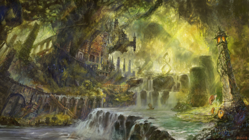 absurdres boat building day fantasy forest highres nature no_humans original outdoors plant scenery stairs stream sunlight tower tree vines water watercraft waterfall yanagifor