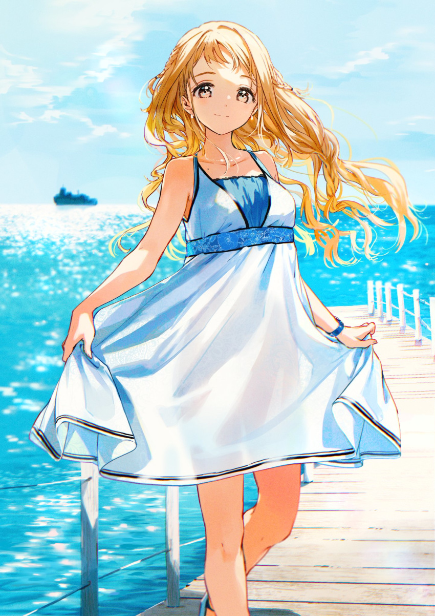 1girl adjusting_clothes blonde_hair blue_sky blush closed_mouth clouds collarbone dock dress highres holding long_hair looking_at_viewer ocean original outdoors ship sky sleeveless sleeveless_dress smile solo standing tiv watercraft white_dress yellow_eyes
