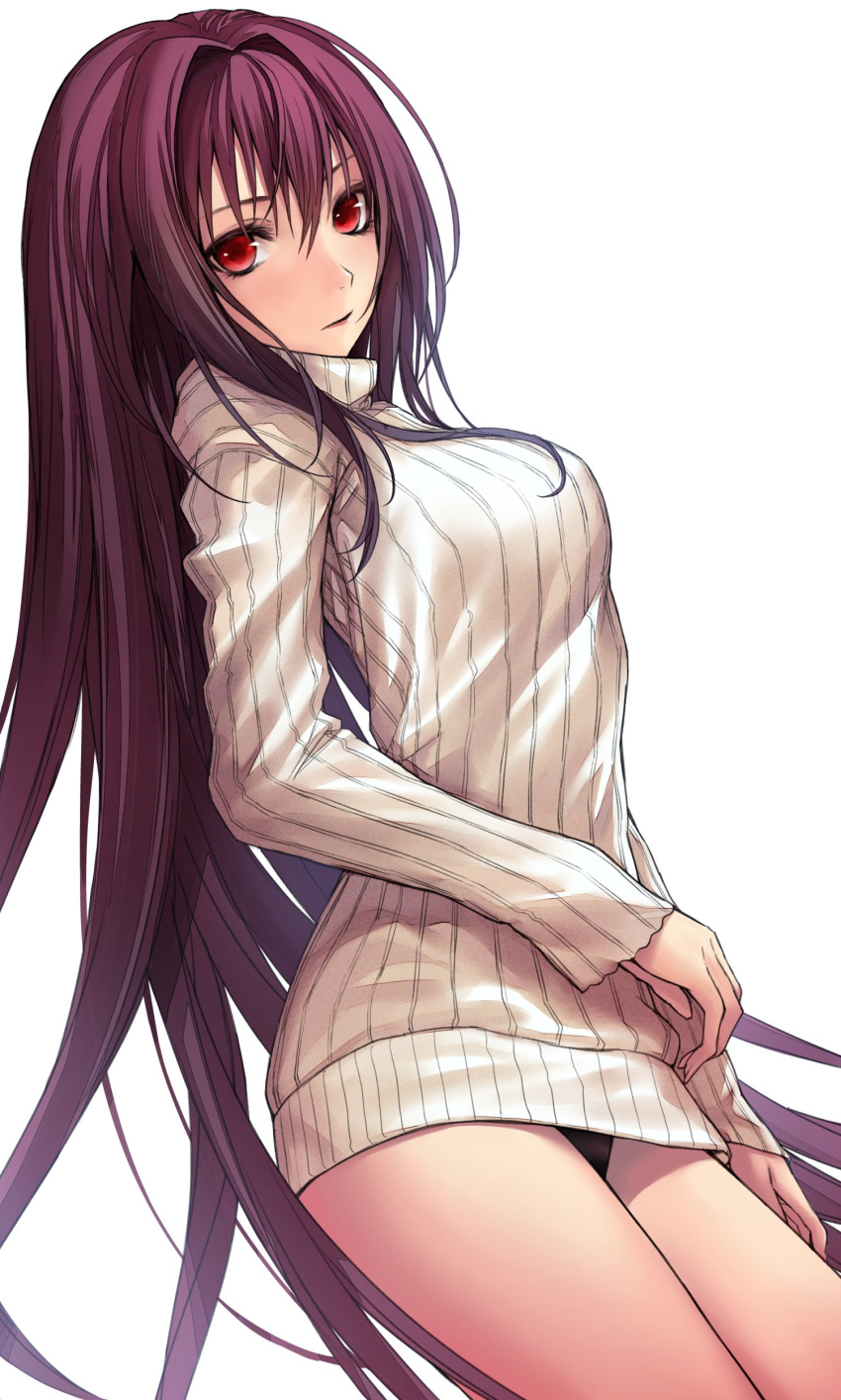 1girl absurdres applekun breasts fate/grand_order fate_(series) hair_intakes highres large_breasts long_hair panties pantyshot purple_hair red_eyes ribbed_sweater scathach_(fate)_(all) scathach_(fate/grand_order) solo sweater turtleneck underwear white_background