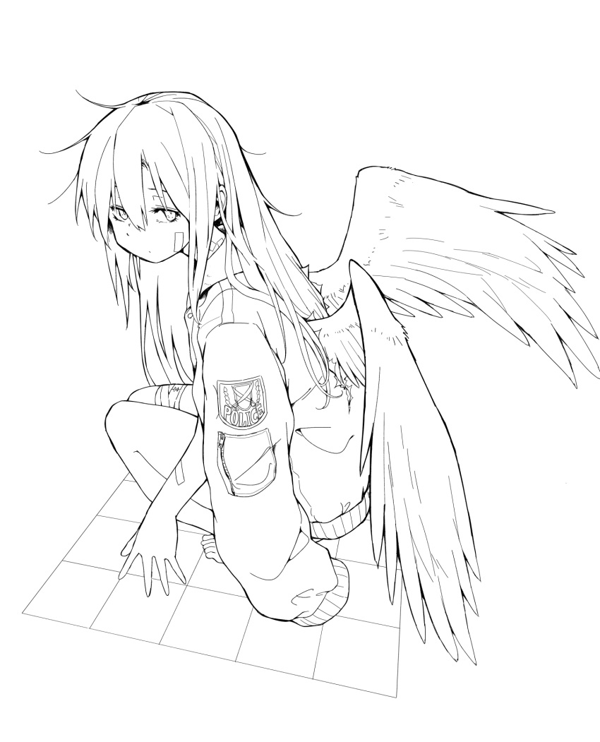 1girl angel angel_wings azumaya_toushirou bandaged_leg bandages bandaid bandaid_on_arm bandaid_on_face bandaid_on_neck barefoot checkered checkered_floor commentary_request greyscale hair_between_eyes highres jacket jacket_on_shoulders lineart long_hair looking_back monochrome original simple_background sketch solo squatting white_background wings