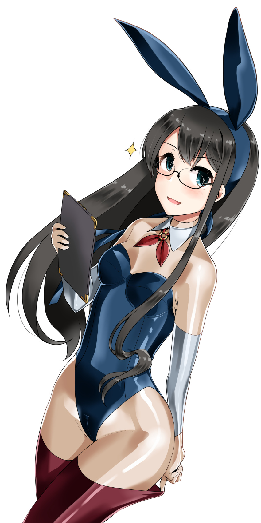 1girl absurdres animal_ears ascot black_hair blue_leotard bow bowtie breasts bridal_gauntlets bunny_girl bunnysuit commentary_request detached_collar fake_animal_ears glasses green_eyes highres kantai_collection leotard long_hair looking_at_viewer minase_(takaoka_nanase) ooyodo_(kantai_collection) purple_legwear rabbit_ears red_neckwear simple_background small_breasts solo thigh-highs white_background