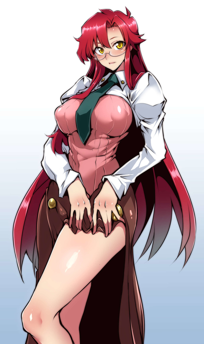 1girl absurdres bespectacled blush breasts covered_nipples gggg glasses hair_down highres large_breasts long_hair long_skirt long_sleeves looking_at_viewer necktie redhead shiny shiny_hair shiny_skin skirt skirt_lift solo standing teacher tengen_toppa_gurren_lagann yellow_eyes yoko_littner yomako