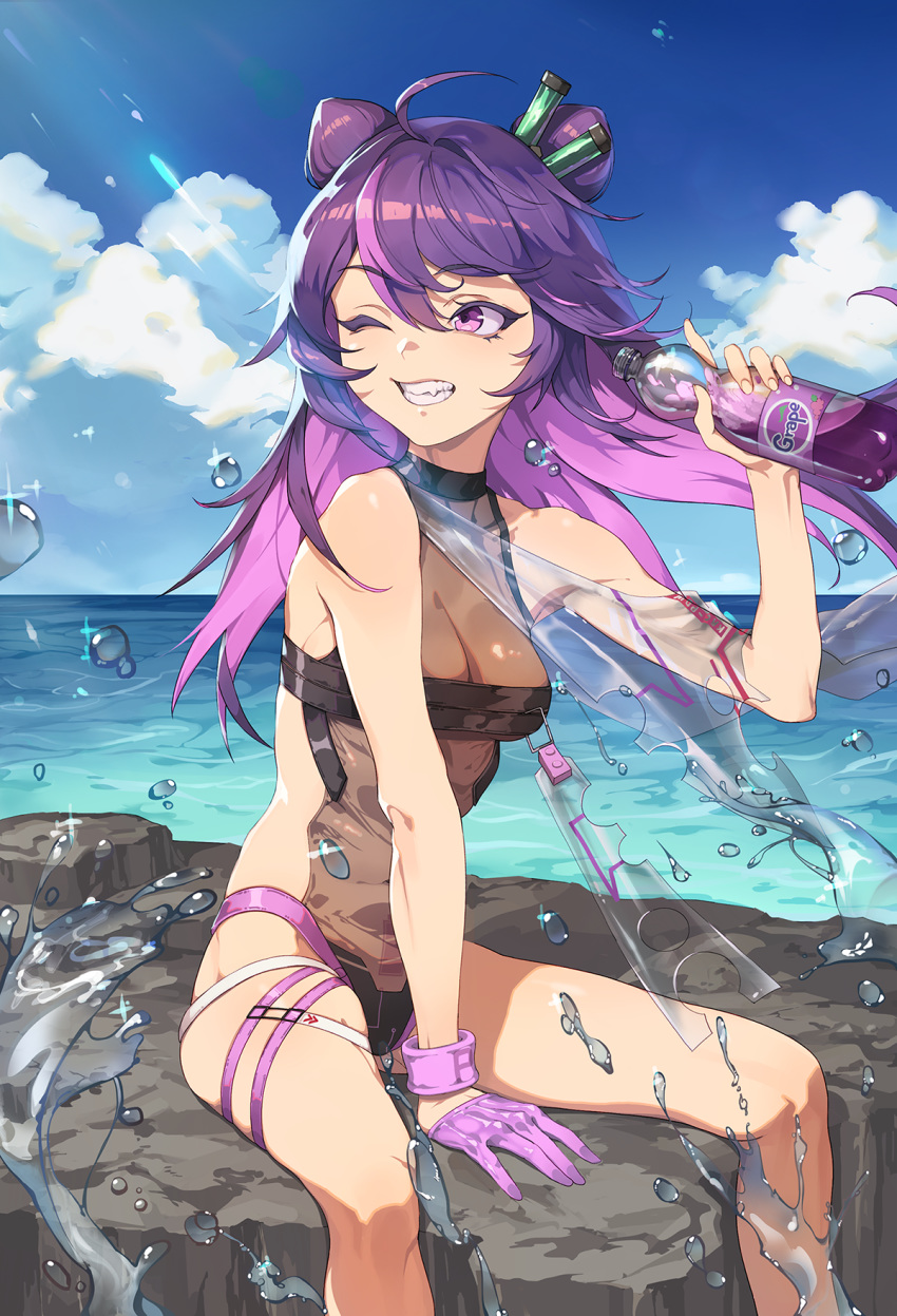 1girl ;d ahoge backless_swimsuit bangs bare_legs barefoot between_legs black_swimsuit blue_sky bottle bracelet casual_one-piece_swimsuit closed_eyes clouds day double_bun english_commentary eyebrows_visible_through_hair feet_out_of_frame floating_hair girls_frontline gloves grin hand_between_legs highres holding holding_bottle horizon jewelry juice kac-pdw_(girls_frontline) light_rays long_hair looking_away looking_back medium_hair ocean one-piece_swimsuit one_eye_closed open_mouth outdoors purple_gloves purple_hair see-through_silhouette single_glove sitting sky smile solo splashing sunbeam sunlight swimsuit teeth thigh_strap violet_eyes water wind zzzearly