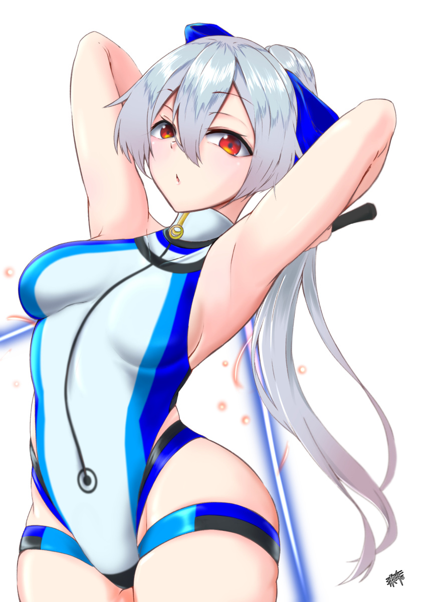 1girl armpits arms_up artist_request bangs bare_shoulders blue_bow blue_swimsuit blush bow breasts energy_sword fate/grand_order fate_(series) hair_bow highleg highleg_swimsuit highres large_breasts long_hair looking_at_viewer one-piece_swimsuit ponytail red_eyes silver_hair simple_background swimsuit sword tomoe_gozen_(fate/grand_order) tomoe_gozen_(swimsuit_saber)_(fate) two-tone_swimsuit weapon white_background white_swimsuit