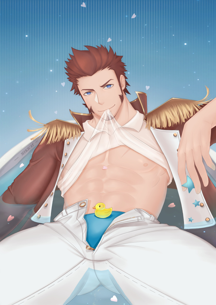 1boy abs absurdres bara blue_eyes brown_hair bulge chest facial_hair fate/grand_order fate_(series) fringe_trim goatee highres jacket long_sleeves looking_at_viewer male_focus manly miqi_(nnaf3344) muscle napoleon_bonaparte_(fate/grand_order) nipples open_clothes open_jacket open_shirt pectorals rubber_duck scar shirt_pull short_hair sideburns solo thick_thighs thighs unbuttoned upper_body water wet