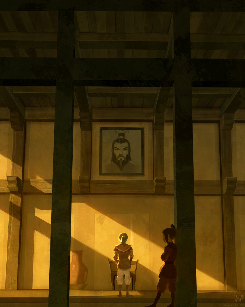 1boy 1girl against_pillar avatar:_the_last_airbender avatar_(series) azula back beard black_hair devin_elle_kurtz facial_hair from_behind hair_bun highres ponytail portrait_(object) scenery siblings sozin_(avatar) standing sunlight vase younger zuko